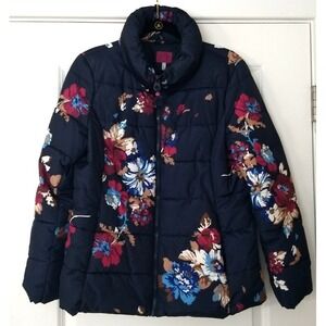 Joules Quilted Puffer Women's US‎ 10 Navy  Blue Floral Logo Full Zip Pockets